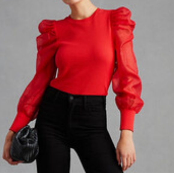 Anthropologie Tops - Anthropologie, New, Dolan Organza Red Puff Sleeve Top Blouse, Size XL